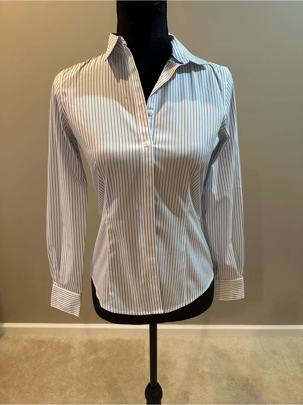 Brooks Brothers White Button-Down Shirt with Navy Stripes Size 0P